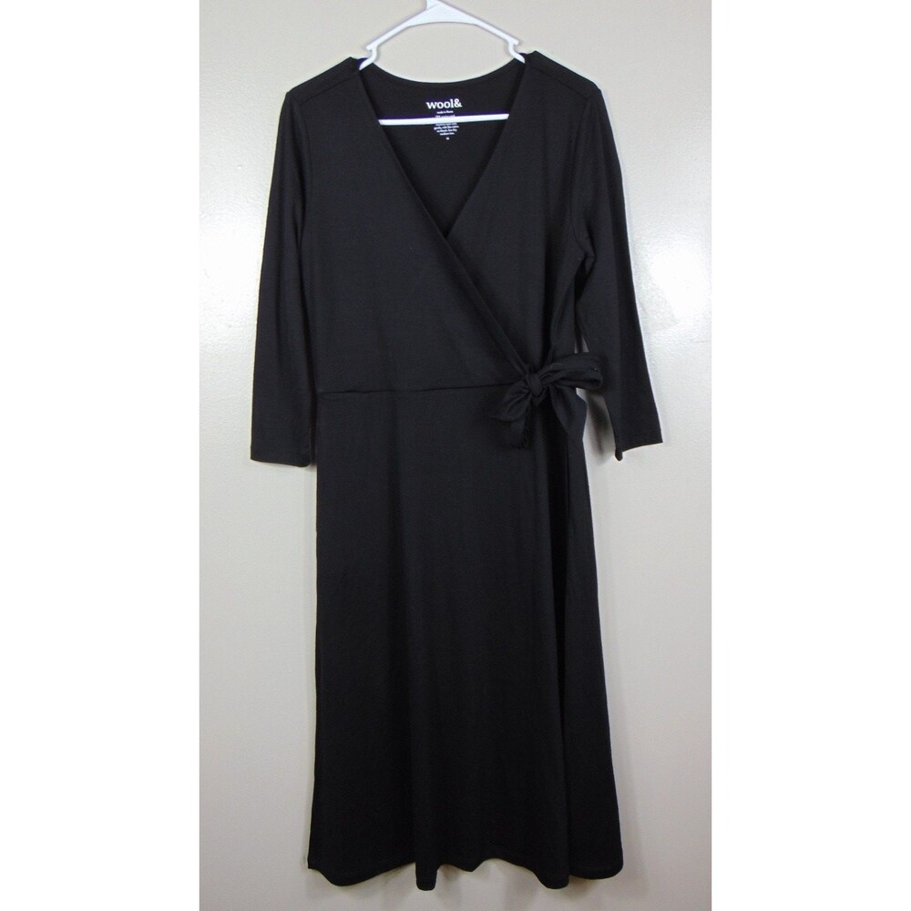 Wool& Ellie Womens Black Merino Wool Faux Wrap Dress Medium 3/4 Sleeve Knee
